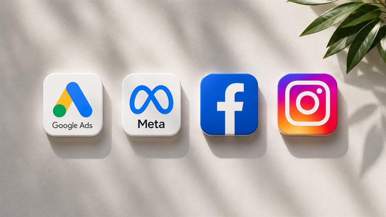 Logotipi Google Ads, Meta, Facebook in Instagram na svetli podlagi